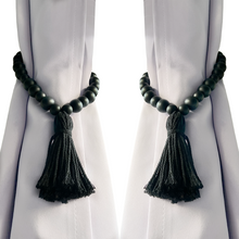Load image into Gallery viewer, YELLOW LOTUS Black Curtain Tiebacks - Set Of 2 Wood Bead Curtain Holdbacks, Boho Curtains Holders