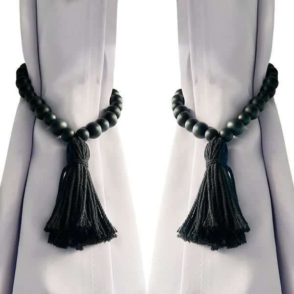 YELLOW LOTUS Black Curtain Tiebacks - Set Of 2 Wood Bead Curtain Holdbacks, Boho Curtains Holders