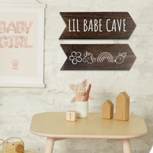 Load image into Gallery viewer, YELLOW LOTUS Little Babe Cave sign for Baby Girl Playroom Decor, Woodland Nursery Decor for Girls
