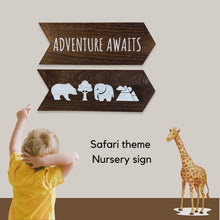 Load and play video in Gallery viewer, YELLOW LOTUS Adventure Awaits Wall Decor Sign - Safari Themed Nursery Wall Decor Sign
