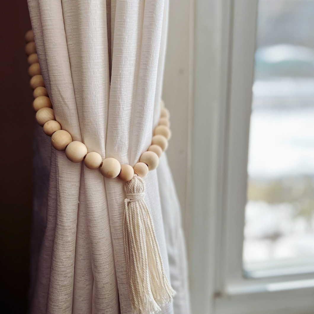YELLOW LOTUS Natural Wood Beads Curtain Holder - Boho Decor, Curtain Holdbacks